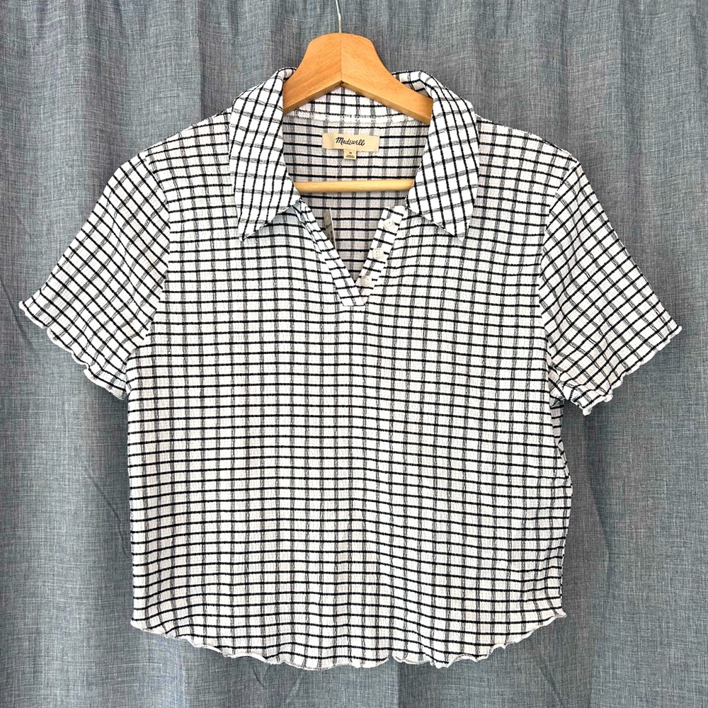 Madewell Crinkle Polo Crop Tee in Windowpane M